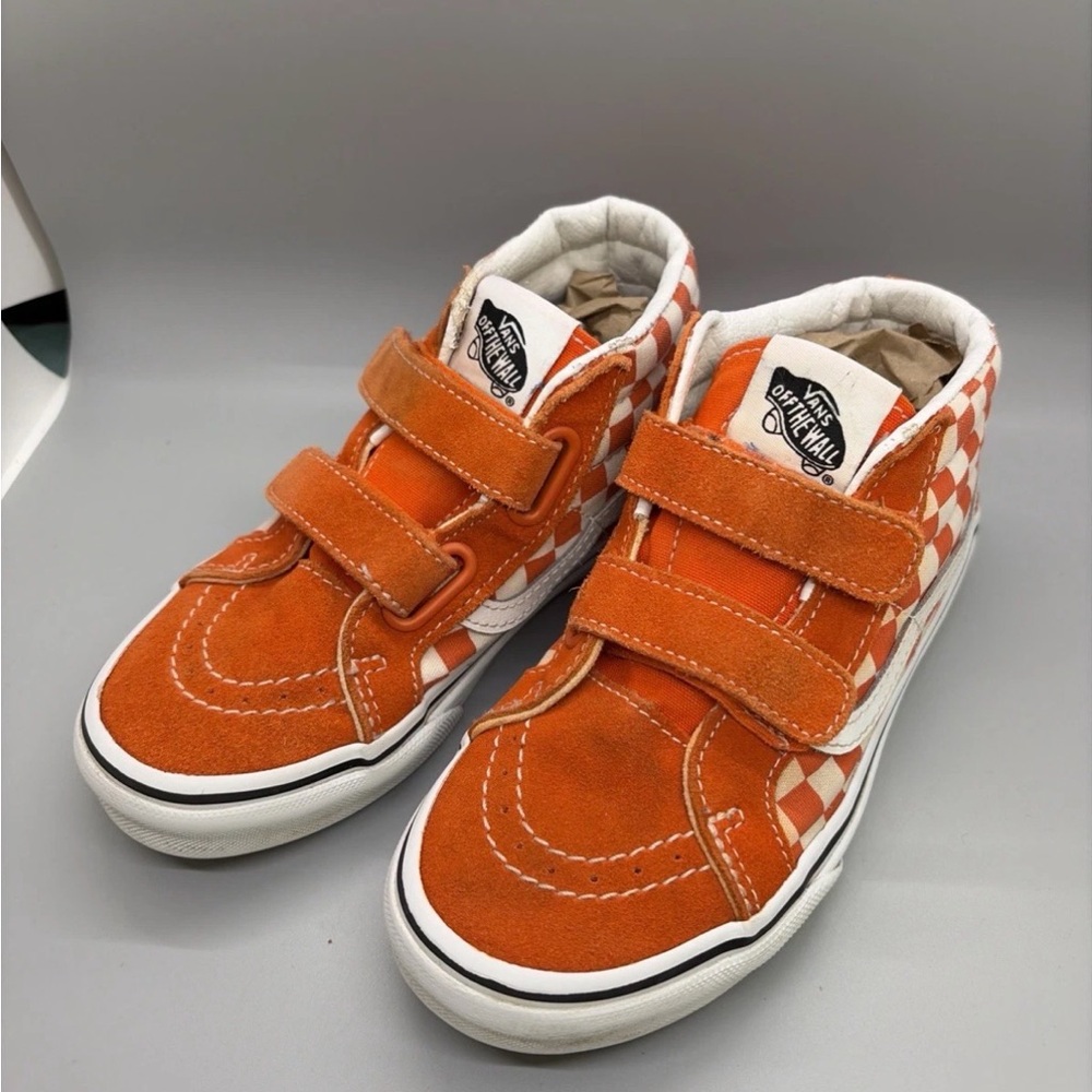 Vans Kids size 2 Orange Checkerboard Velcro Sneakers - Picture 2 of 5